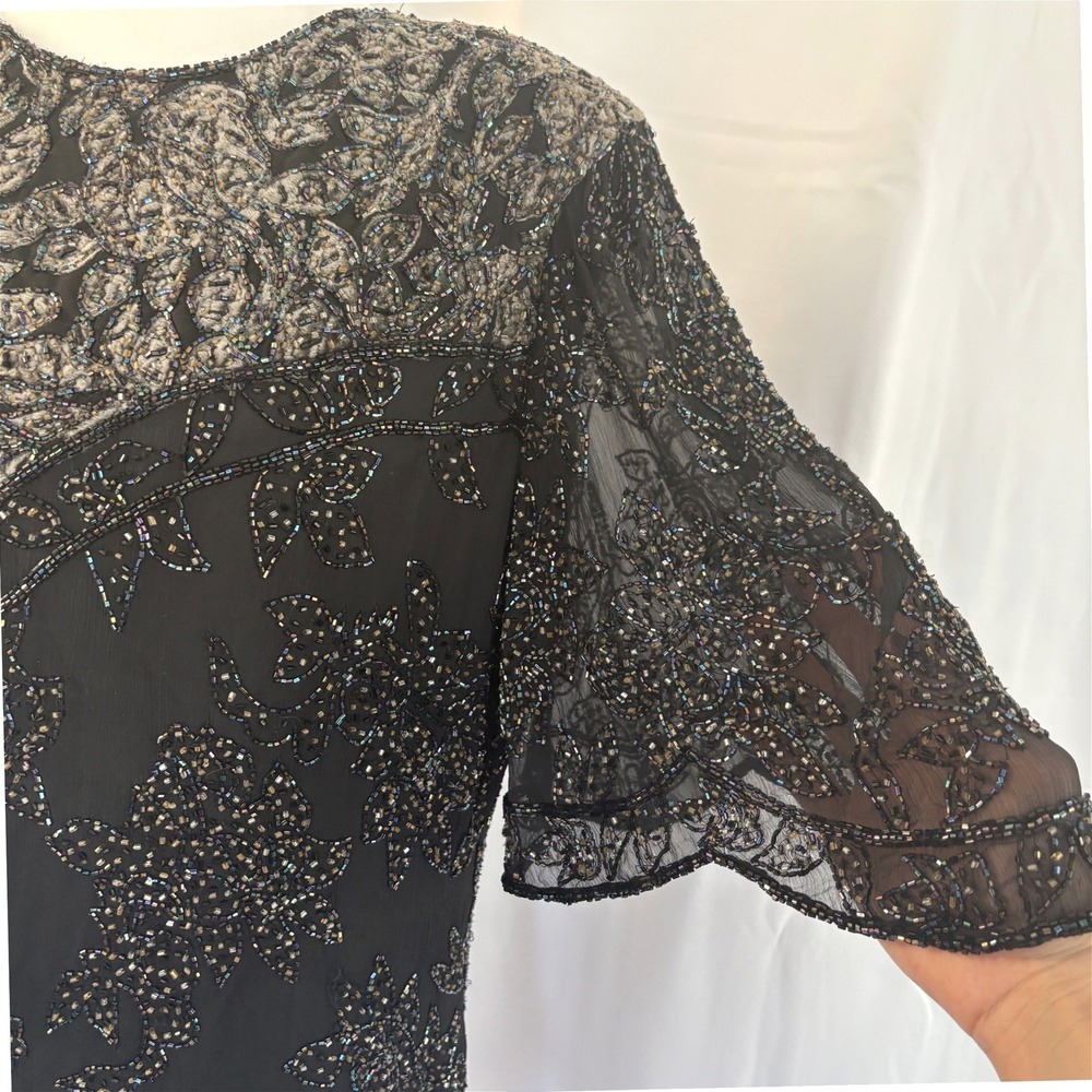 VTG Silk & Velvet Odeon Black Beaded Sequined Top Blouse NYE Holiday Party Sz 14 - Picture 9 of 9